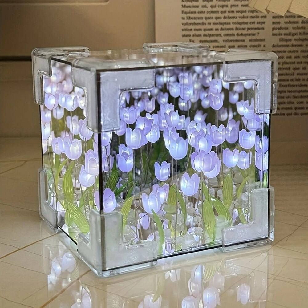 Tulip Night Light DIY Magic Cube Flower Table Lamp Desk Decoration - Purple